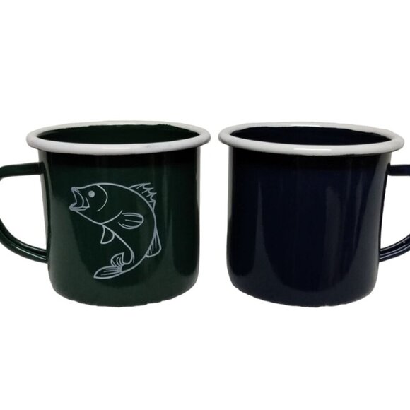 Set Of 2 Enamel Camping Mugs With Fish Design - Dark Green & Navy Blue - Picture 1 of 10